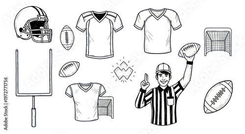 American Football Game Elements: Referee, Balls, Jerseys, Goalposts, Helmets