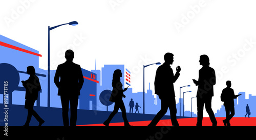 Silhouettes of business people walking in a modern city with skyscrapers and streetlights