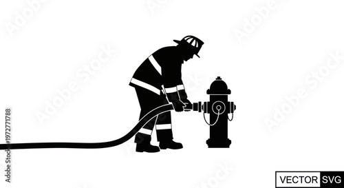 Firefighter connecting hose to hydrant silhouette, safety, emergency response, vector illustration
