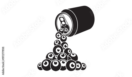 Surreal vector illustration of a beverage can pouring out a pile of human eyeballs, representing a gross and bizarre conceptual scene.