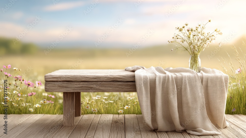 Fototapeta premium Serene Picnic Setting with Flowers in the Countryside at Sunset