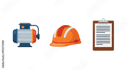 Construction tools set featuring safety helmet, air compressor, and clipboard on white background
