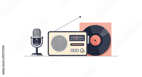 Retro audio set with microphone, radio, and vinyl record in flat design