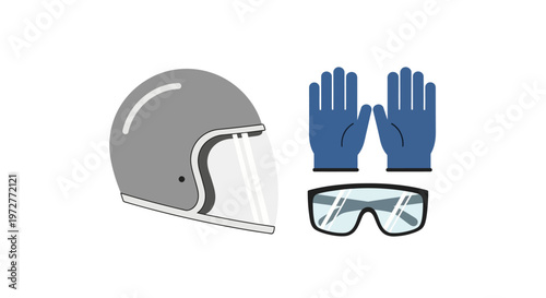 Motorcycle safety gear: helmet, gloves, and goggles in minimalist design