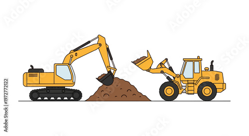 Construction equipment with excavator and bulldozer in linear style