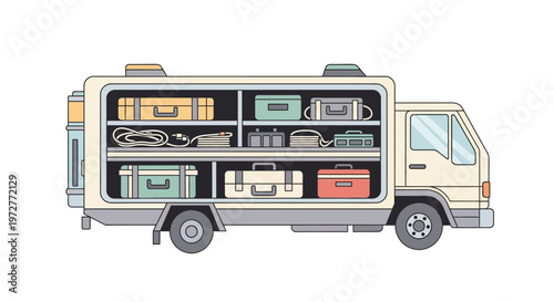 Colorful cartoon moving truck with visible compartment storage