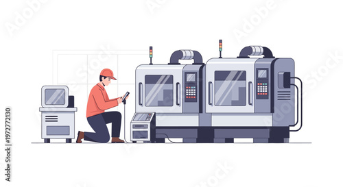 Technician inspecting modern cnc machines in industrial facility setting