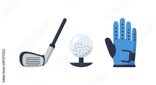 Golf equipment set: club, ball, and glove in modern flat design