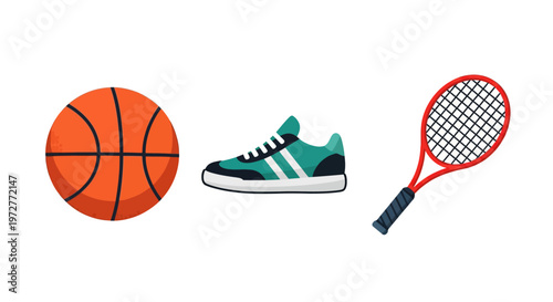 Basketball, sneaker, and tennis racket design in flat style