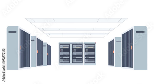 Modern isometric data center with server racks and cooling systems