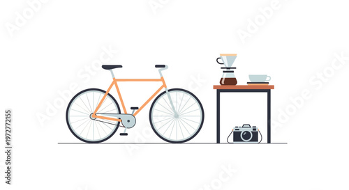 Modern minimalistic bicycle and coffee table setup with camera