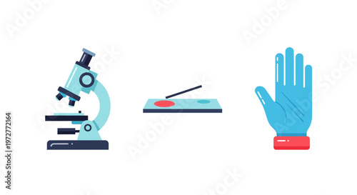 Laboratory equipment: microscope, petri dish, gloved hand in flat design