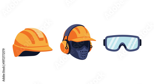 Essential safety gear icons featuring helmet, ear protectors, and goggles