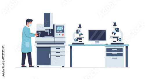 Modern laboratory workspace with scientist and microscopes