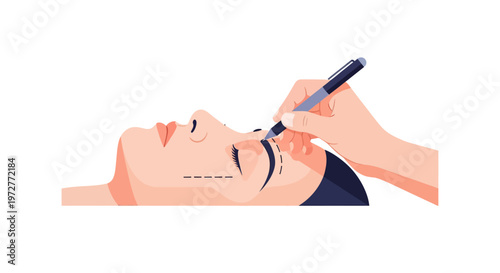 Cosmetic surgery concept with face marking and precision tool