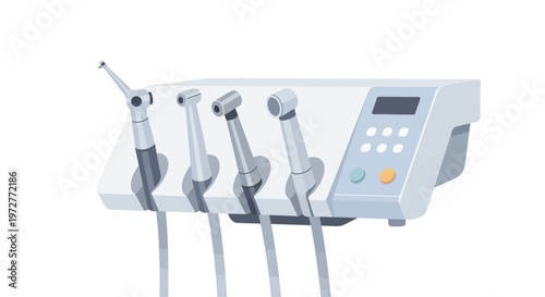 Modern dental equipment display with handpieces and control panel
