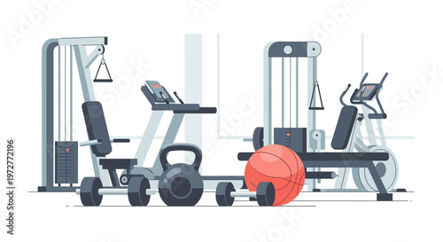 Modern gym equipment set in minimalist style with exercise machines and weights