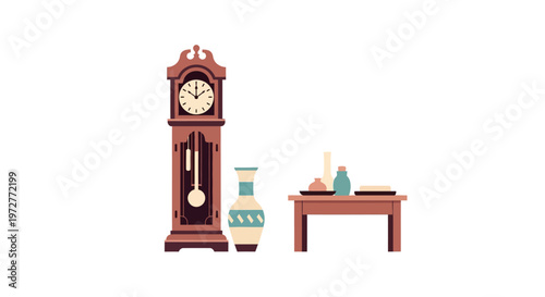 Vintage decor with grandfather clock and rustic table setup