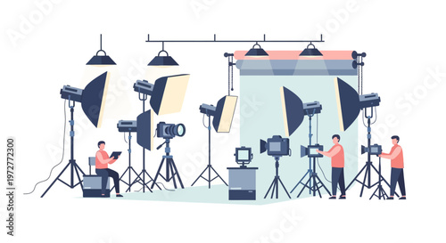Professional photography studio setup with lighting equipment and crew