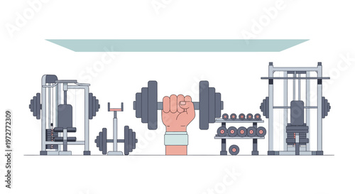 Modern weightlifting equipment and strong fist icon in gym setting