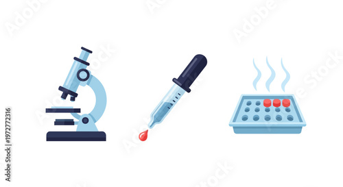 Scientific equipment: microscope, dropper, and petri dish in modern flat style