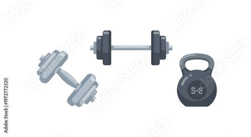 Gym equipment: dumbbells and kettlebell in modern fitness design