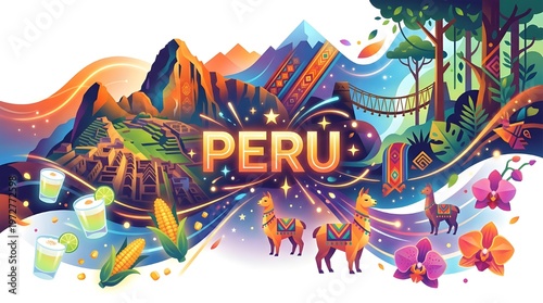 Peru Travel Vector Illustration with Machu Picchu, Llamas, and Traditional Gastronomy