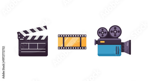 Retro film making set with clapperboard, film strip, and camera icons on white background