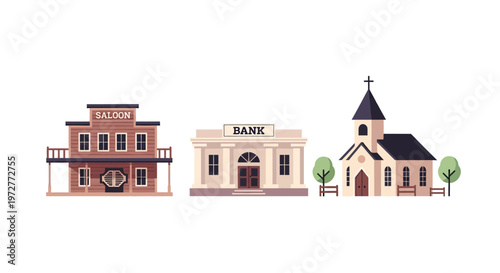 Colorful flat wild west buildings: saloon, bank, church illustration
