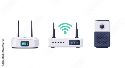 Modern wireless router and smart home devices on a white background