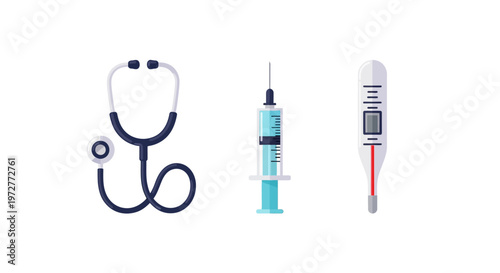 Medical tools collection: stethoscope, syringe, thermometer in minimal style