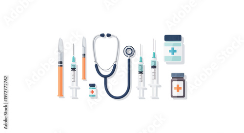 Medical equipment set: syringes, stethoscope, bottles, and scalpels in flat design