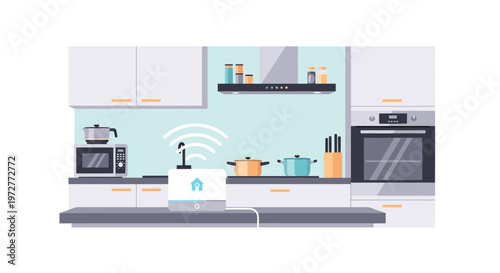 Modern kitchen with smart home technology and wireless cooking devices