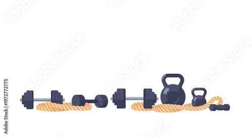 Fitness equipment: dumbbells, kettlebells, and ropes for gym workouts