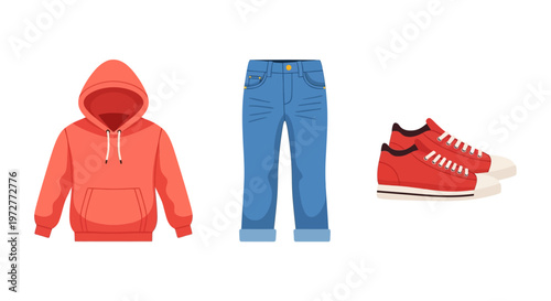 Casual outfit set with red hoodie, blue jeans, and sneakers