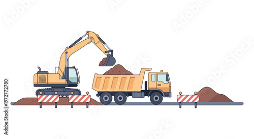 Construction equipment loading soil into dump truck on site