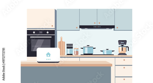 Modern kitchen interior with smart home devices and minimalist design elements