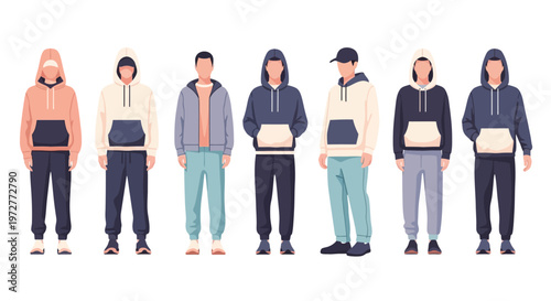 Diverse casual streetwear collection with hoodies and activewear in flat style