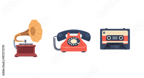 Nostalgic retro devices: gramophone, rotary phone, cassette tape in flat design