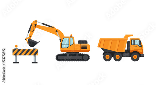 Flat design construction equipment: excavator and dump truck with barrier