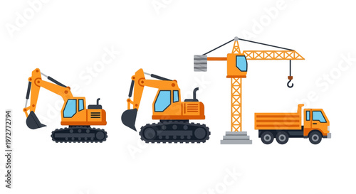 Construction vehicles set featuring excavator, crane, and truck in flat style