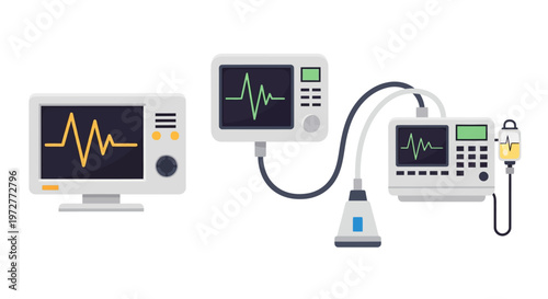 Medical equipment set with ecg monitors and defibrillator in flat design