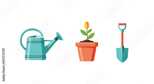 Gardening tools and flower pot with tulip in flat style