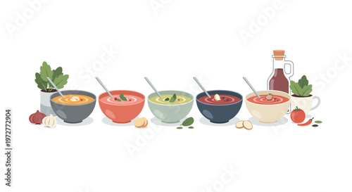 Assorted soup bowls with fresh ingredients and utensils