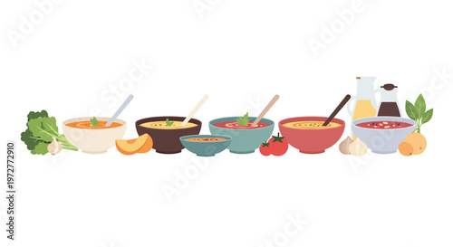 Assorted soups with vegetables and herbs in colorful bowls in flat design