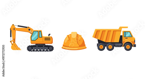 Construction equipment and safety helmet in flat style