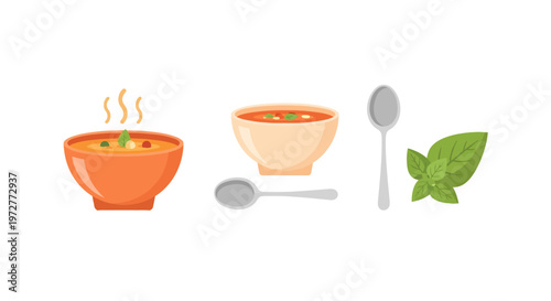 Colorful bowls of soup with spoons and fresh basil on white background