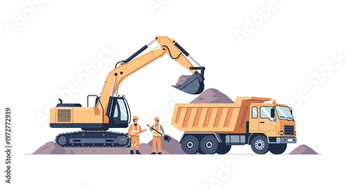 Construction site machinery and workers in flat design