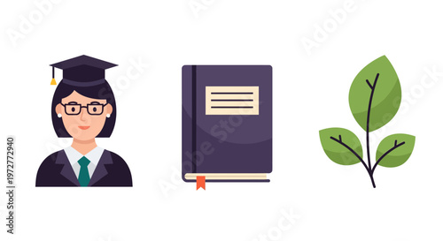 Flat style education icons: graduate, book, and plant symbol
