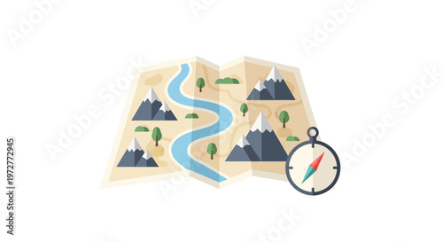 Adventure map with compass icon featuring mountains and rivers in flat design